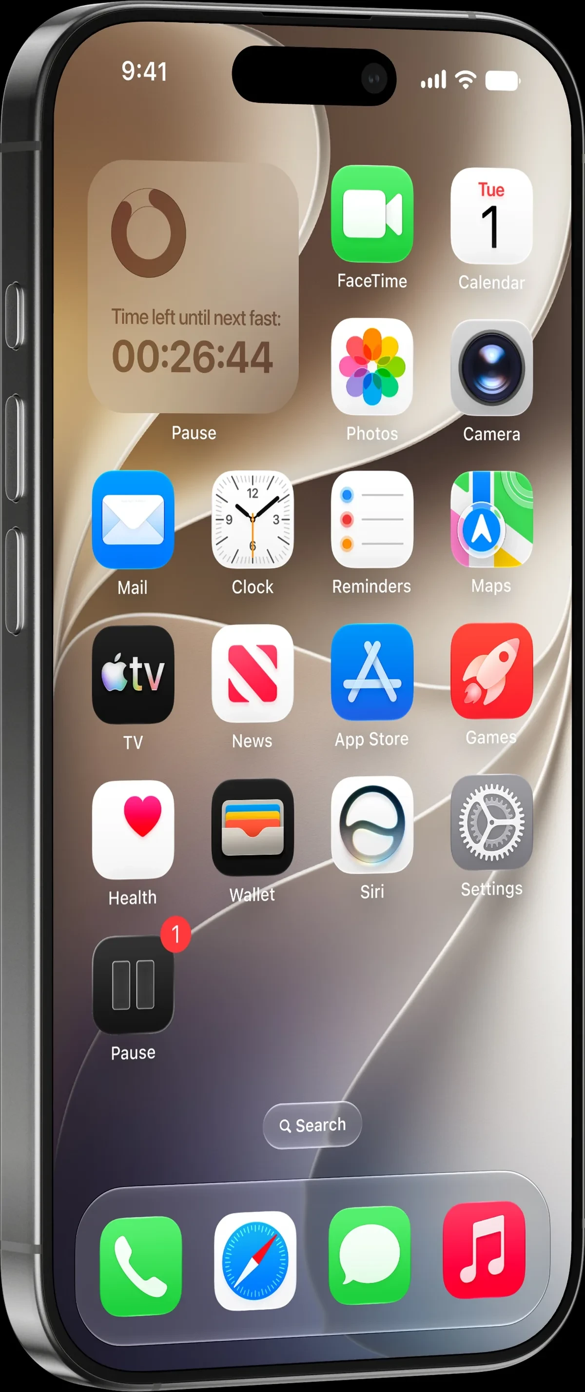 Tinted Pause widget on the iPhone Home Screen counting down 00:26:44 until the next fast