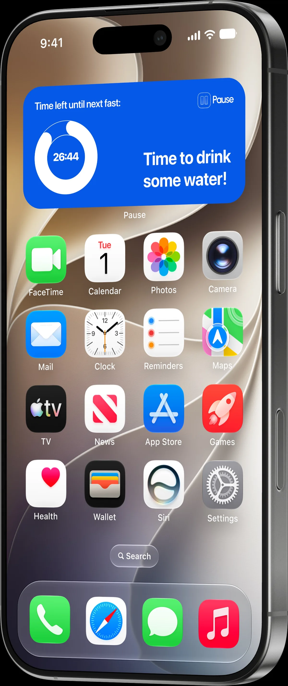 Pause widget on the iPhone Home Screen showing 26:44 left and a reminder to drink water
