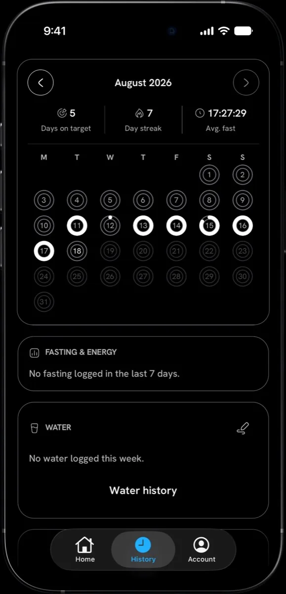 Pause History showing completed fasts and seven-day consistency