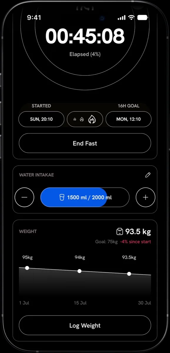 Pause hydration tools showing water entries and a user-defined goal
